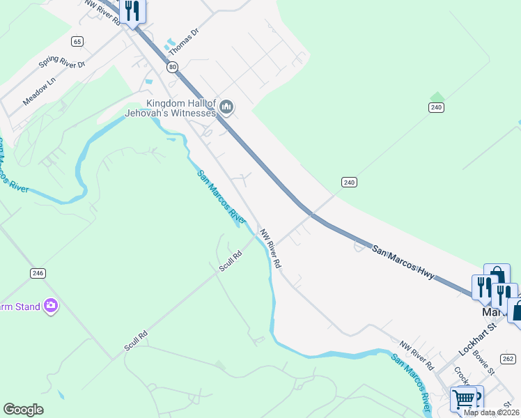 map of restaurants, bars, coffee shops, grocery stores, and more near 600 Northwest River Road in Martindale