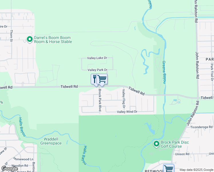 map of restaurants, bars, coffee shops, grocery stores, and more near Tidwell Rd & Brock Park Dr in Houston