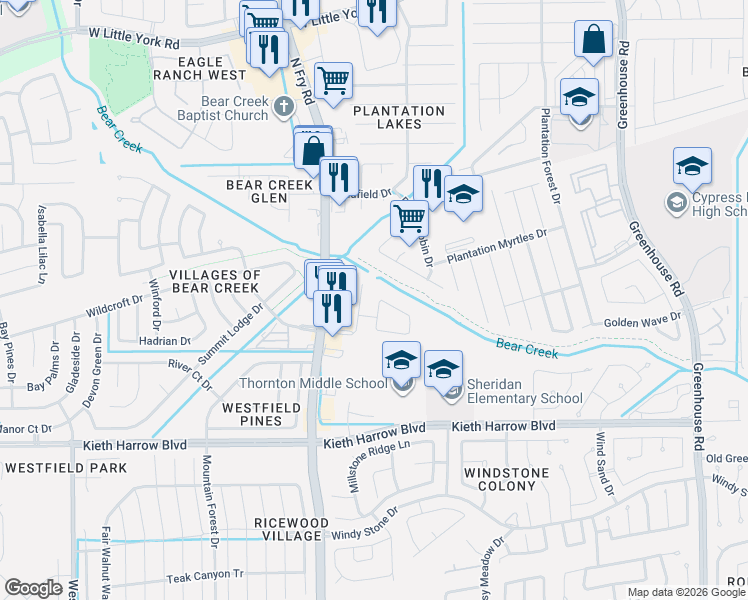 map of restaurants, bars, coffee shops, grocery stores, and more near 5622 Bear Paw Circle in Katy