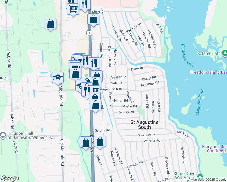 map of restaurants, bars, coffee shops, grocery stores, and more near 306 Saint Augustine South Drive in St. Augustine