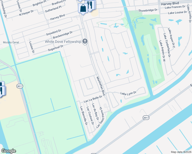 map of restaurants, bars, coffee shops, grocery stores, and more near 3829 Lake Arrowhead Drive in Harvey