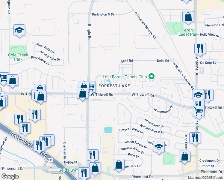 map of restaurants, bars, coffee shops, grocery stores, and more near 122 Lumberdale Road in Houston