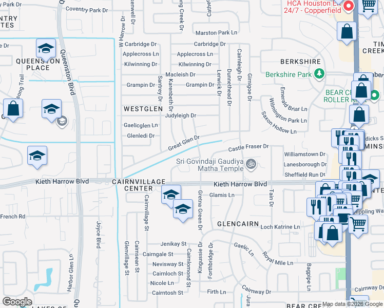map of restaurants, bars, coffee shops, grocery stores, and more near 16923 Great Glen Drive in Houston