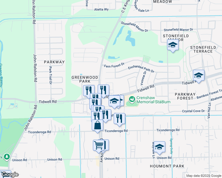 map of restaurants, bars, coffee shops, grocery stores, and more near 12433 Tidwell Road in Houston