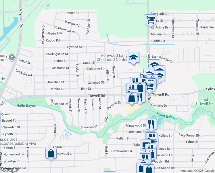 map of restaurants, bars, coffee shops, grocery stores, and more near 9611 Guest Street in Houston