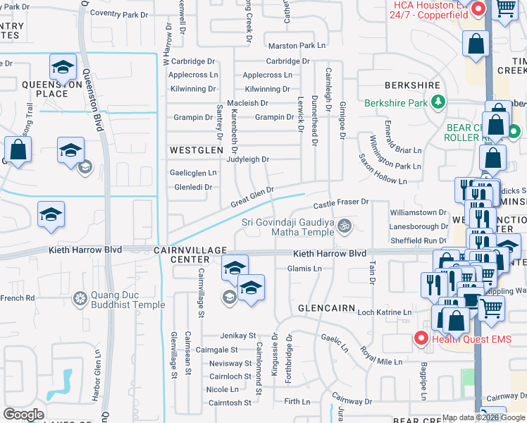 map of restaurants, bars, coffee shops, grocery stores, and more near 16923 Great Glen Drive in Houston