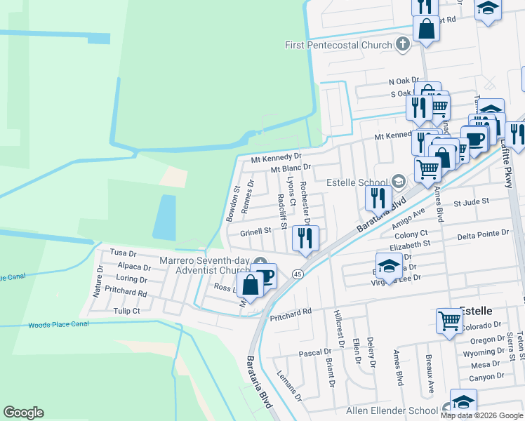 map of restaurants, bars, coffee shops, grocery stores, and more near 3032 Lillie Street in Marrero