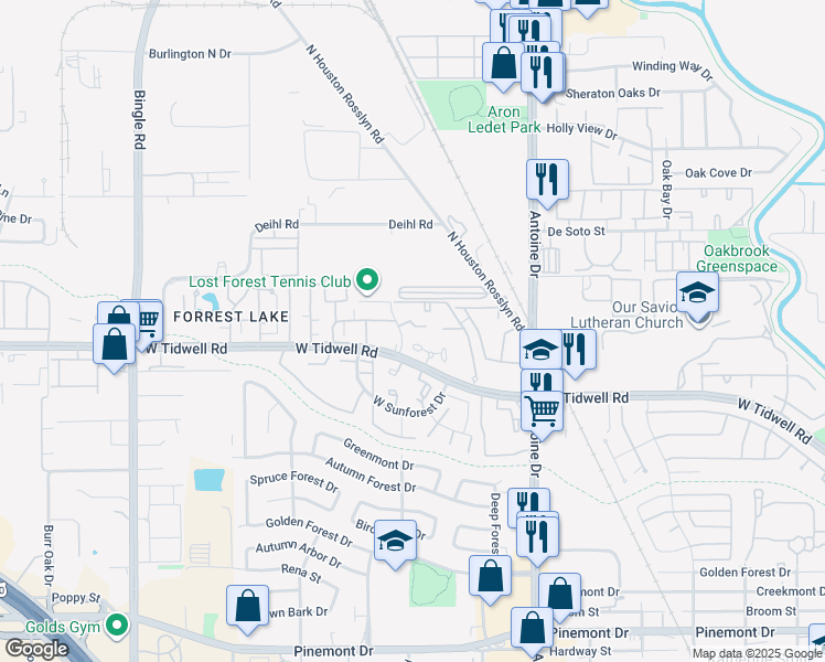 map of restaurants, bars, coffee shops, grocery stores, and more near 5700 Lost Forest Drive in Houston