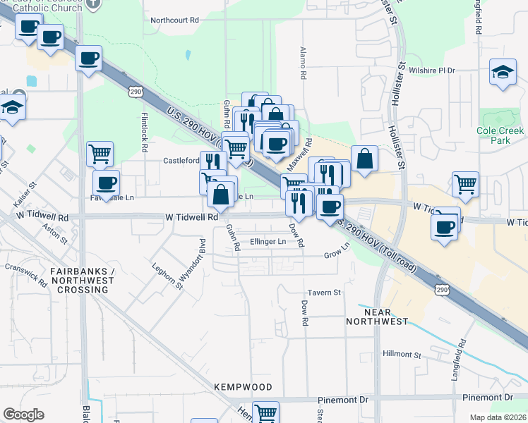 map of restaurants, bars, coffee shops, grocery stores, and more near 8000 West Tidwell Road in Houston