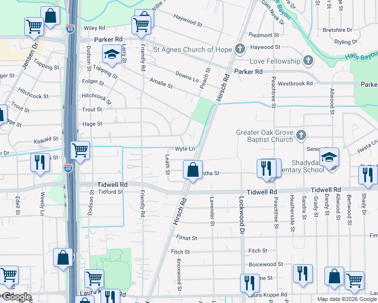 map of restaurants, bars, coffee shops, grocery stores, and more near 4506 Wyte Lane in Houston