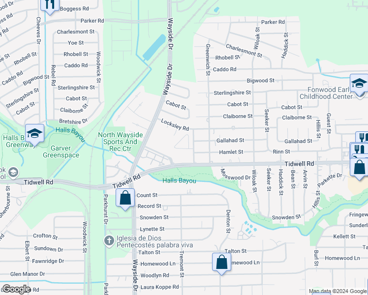 map of restaurants, bars, coffee shops, grocery stores, and more near 8000 Tidwell Road in Houston