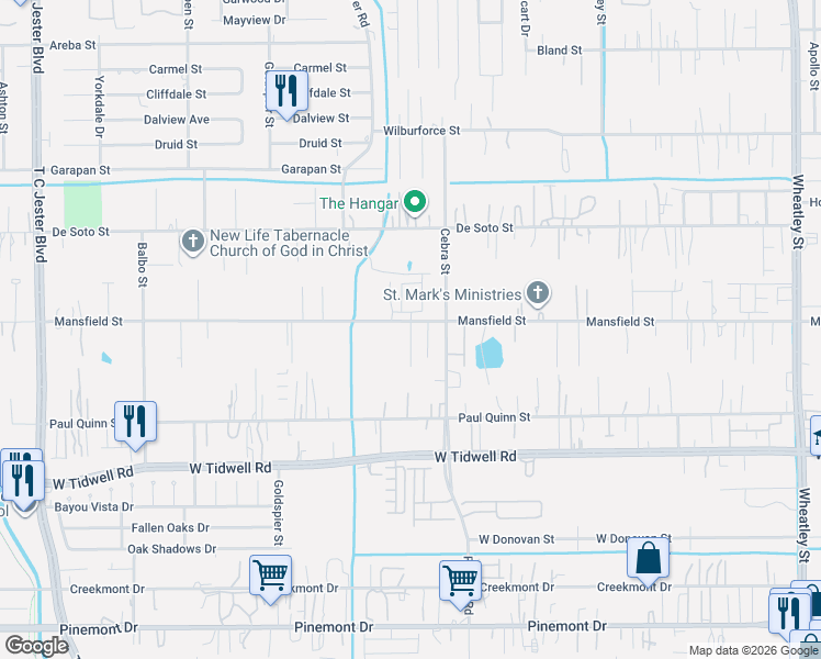 map of restaurants, bars, coffee shops, grocery stores, and more near 2214 Mansfield Street in Houston