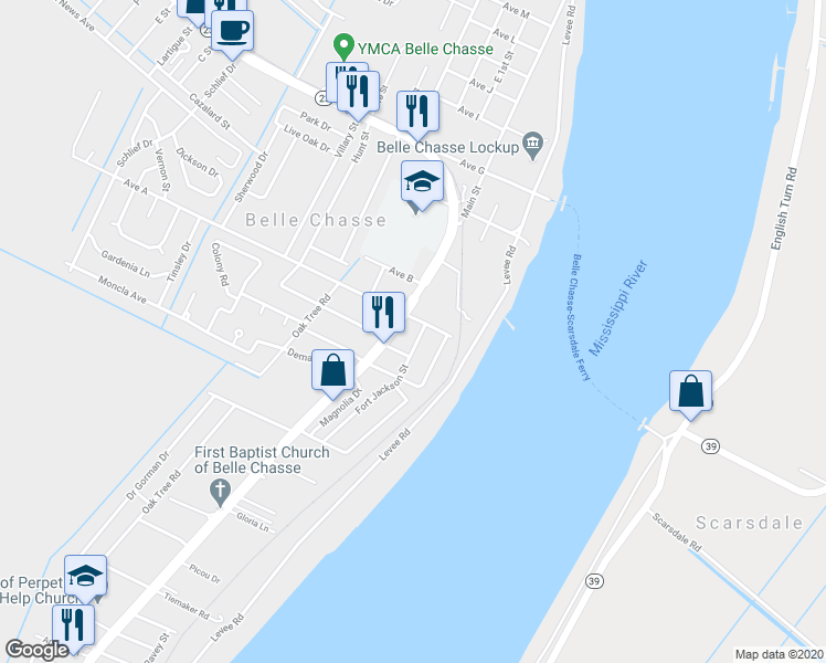 map of restaurants, bars, coffee shops, grocery stores, and more near 105 Fort Jackson Street in Belle Chasse