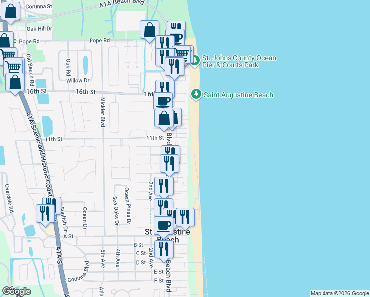 map of restaurants, bars, coffee shops, grocery stores, and more near 2 10th Street in St. Augustine Beach