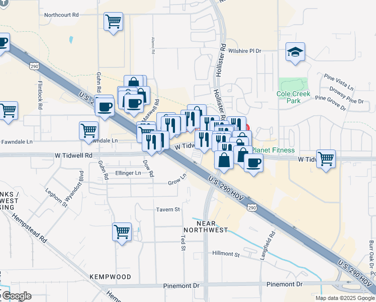 map of restaurants, bars, coffee shops, grocery stores, and more near 13430 Northwest Freeway in Houston