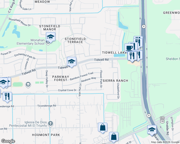 map of restaurants, bars, coffee shops, grocery stores, and more near 13110 Rosemont Park Lane in Houston