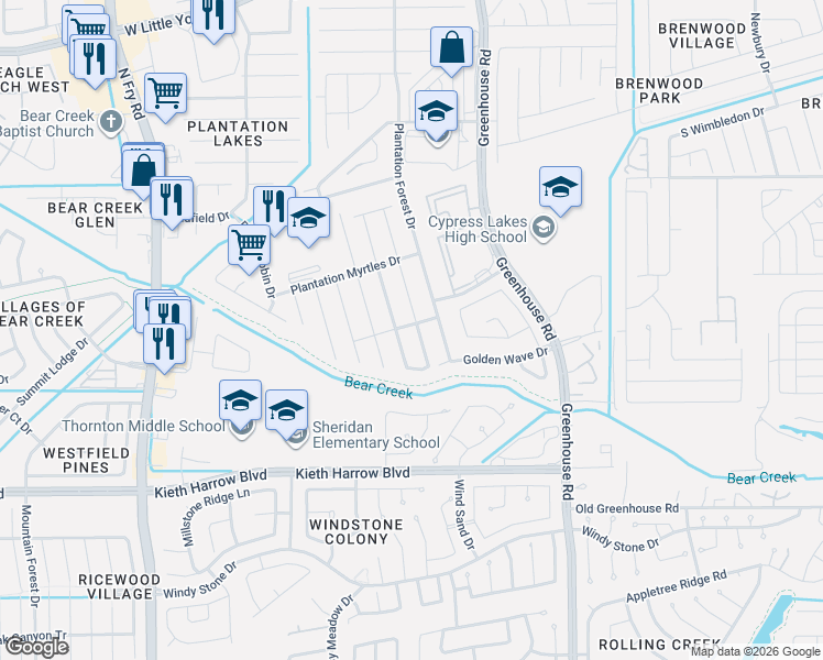 map of restaurants, bars, coffee shops, grocery stores, and more near 5511 Latta Plantation Drive in Katy