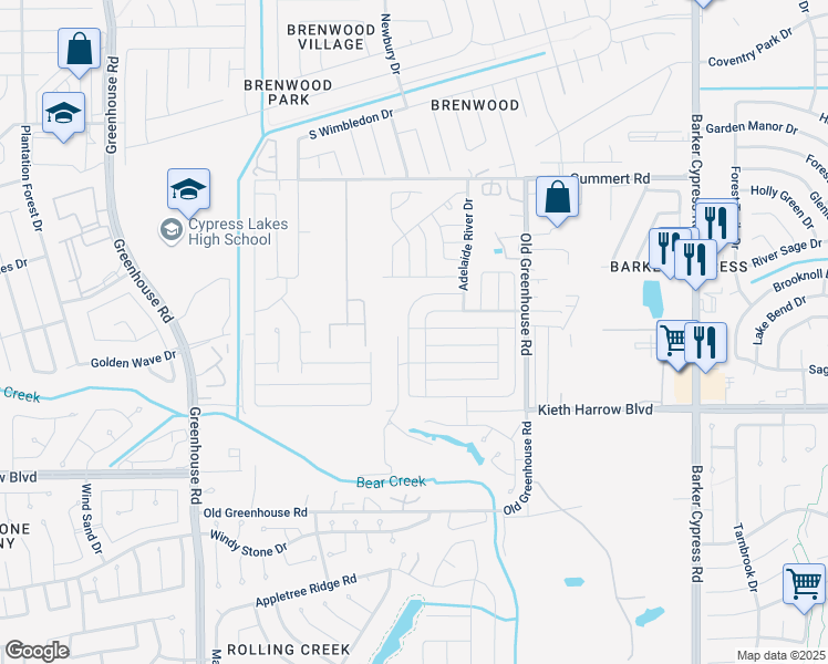 map of restaurants, bars, coffee shops, grocery stores, and more near 5434 Tobins Gully Drive in Katy