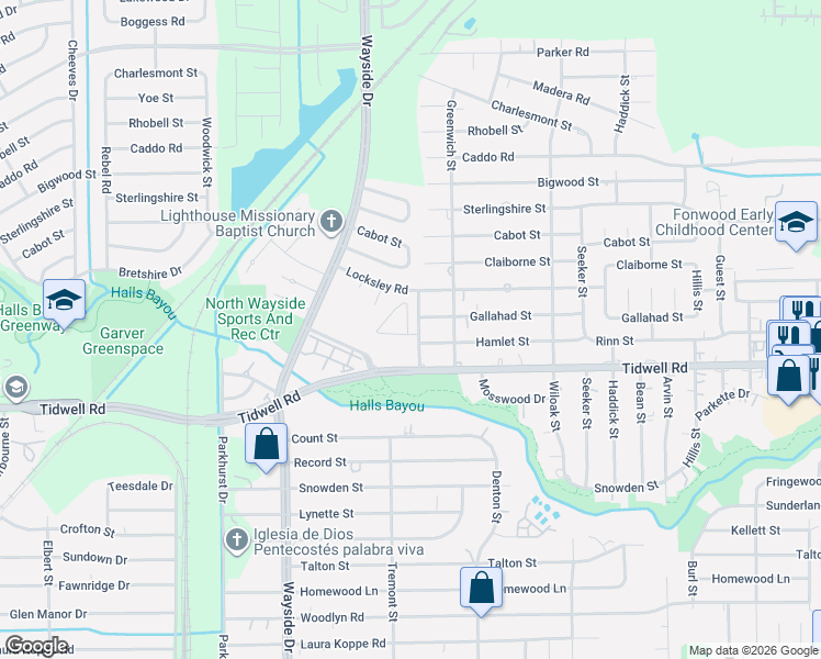 map of restaurants, bars, coffee shops, grocery stores, and more near 8000 Tidwell Road in Houston
