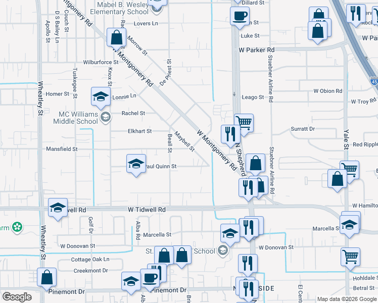 map of restaurants, bars, coffee shops, grocery stores, and more near 768 Mansfield Street in Houston