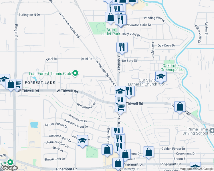map of restaurants, bars, coffee shops, grocery stores, and more near 5801 North Houston Rosslyn Road in Houston