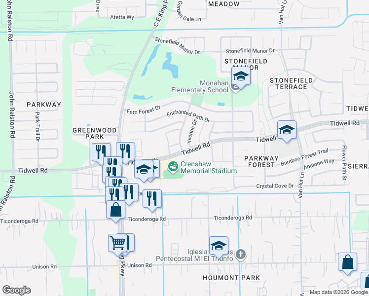 map of restaurants, bars, coffee shops, grocery stores, and more near 8704 Yvonne Drive in Houston