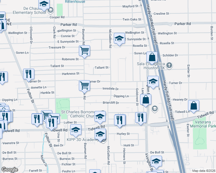 map of restaurants, bars, coffee shops, grocery stores, and more near 520 Turner Drive in Houston