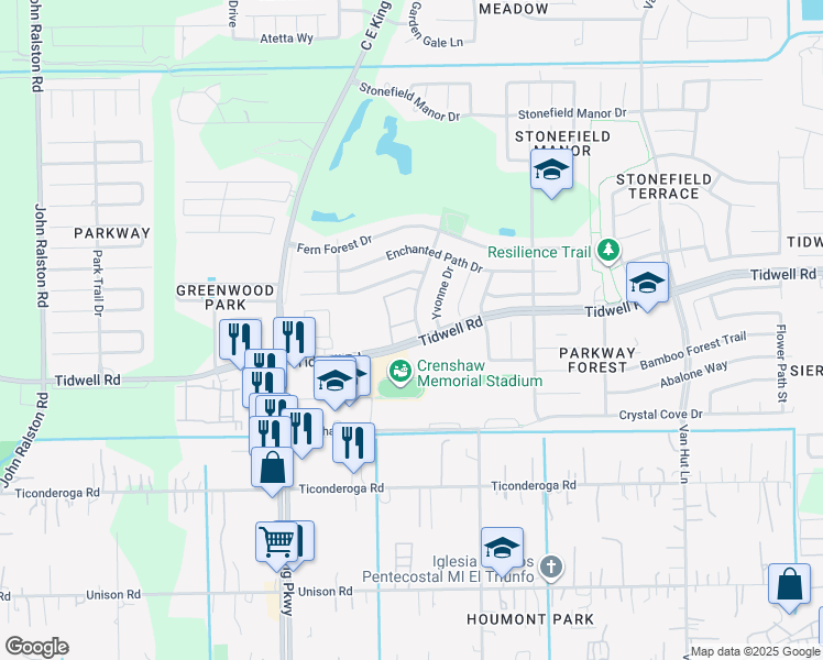 map of restaurants, bars, coffee shops, grocery stores, and more near 1 Parkway Forest Drive in Houston