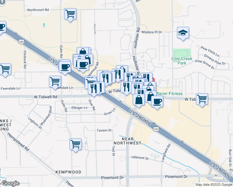 map of restaurants, bars, coffee shops, grocery stores, and more near 13430 Northwest Freeway in Houston