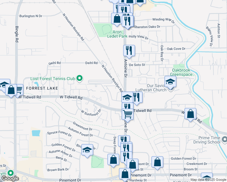 map of restaurants, bars, coffee shops, grocery stores, and more near 5801 North Houston Rosslyn Road in Houston