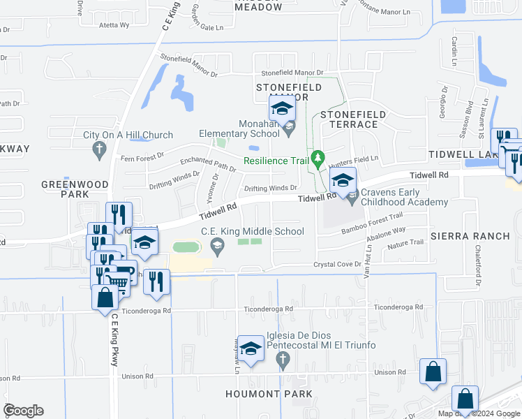 map of restaurants, bars, coffee shops, grocery stores, and more near 8626 Winewood Drive in Houston