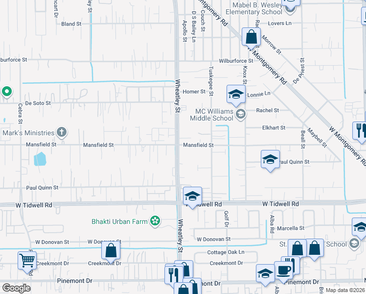 map of restaurants, bars, coffee shops, grocery stores, and more near 5830 Wheatley Street in Houston