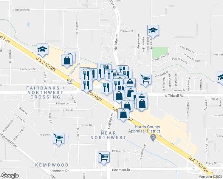 map of restaurants, bars, coffee shops, grocery stores, and more near 13350 Northwest Freeway in Houston