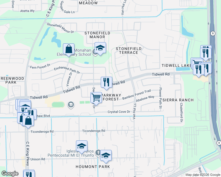 map of restaurants, bars, coffee shops, grocery stores, and more near 8679 Pearl Point Street in Houston