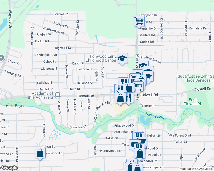 map of restaurants, bars, coffee shops, grocery stores, and more near 9603 Mayberry Street in Houston