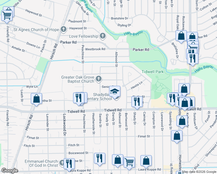 map of restaurants, bars, coffee shops, grocery stores, and more near 5715 Senior Street in Houston
