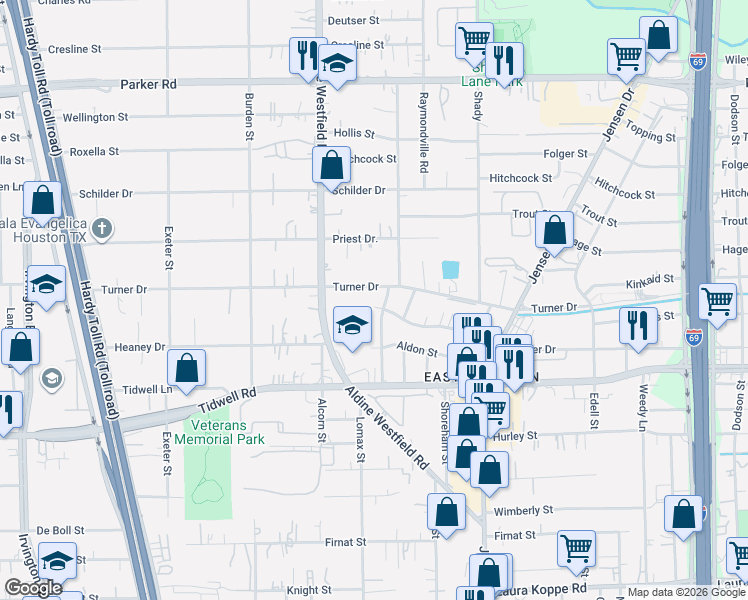 map of restaurants, bars, coffee shops, grocery stores, and more near 2420 Turner Drive in Houston