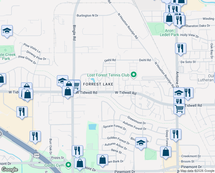 map of restaurants, bars, coffee shops, grocery stores, and more near 5800 Lumberdale Road in Houston