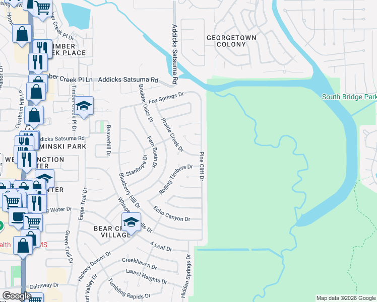 map of restaurants, bars, coffee shops, grocery stores, and more near 15607 4 Season Drive in Houston