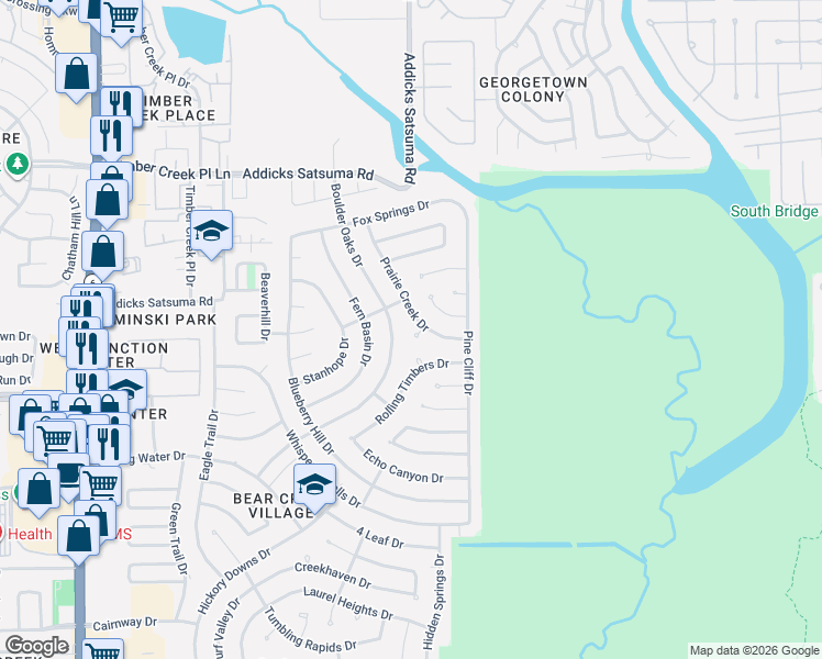 map of restaurants, bars, coffee shops, grocery stores, and more near 15702 Highlands View Court in Houston