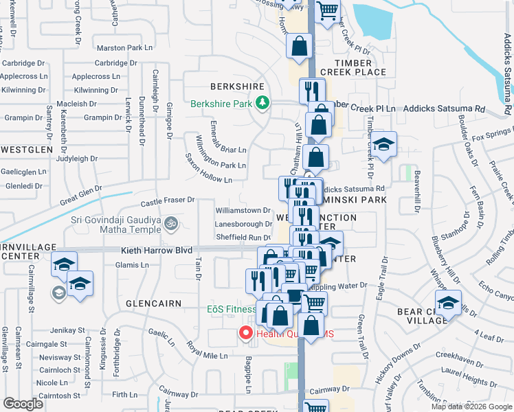 map of restaurants, bars, coffee shops, grocery stores, and more near 16438 Williamstown Drive in Houston