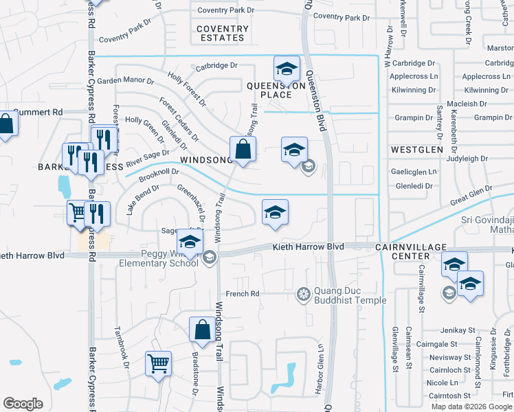 map of restaurants, bars, coffee shops, grocery stores, and more near 17930 Valleyknoll Drive in Houston