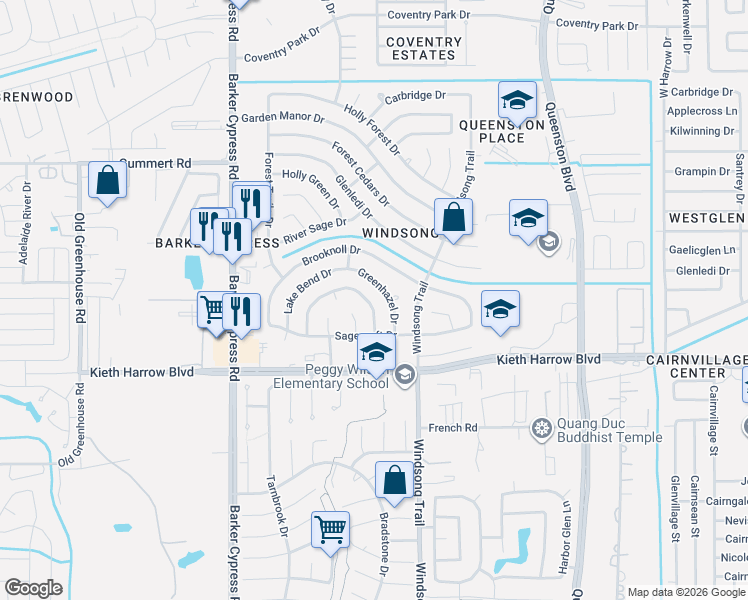 map of restaurants, bars, coffee shops, grocery stores, and more near 5338 Hazel Grove Drive in Houston