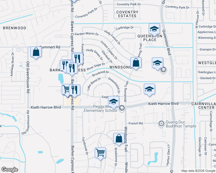 map of restaurants, bars, coffee shops, grocery stores, and more near 5338 Hazel Grove Drive in Houston