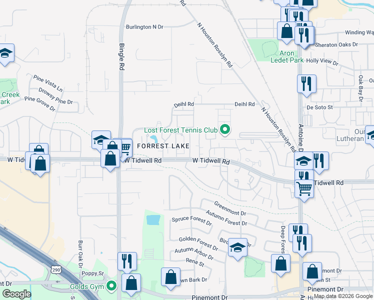 map of restaurants, bars, coffee shops, grocery stores, and more near 6200 West Tidwell Road in Houston