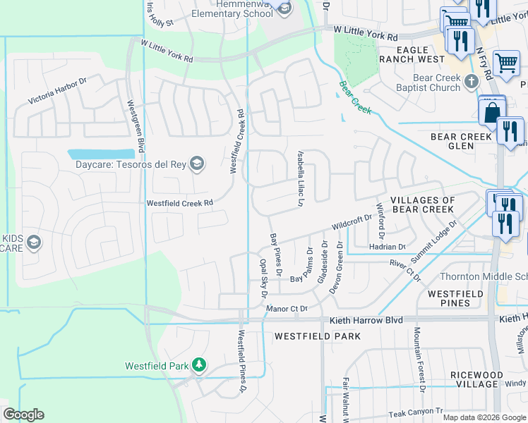 map of restaurants, bars, coffee shops, grocery stores, and more near 20619 Kendall Cliff Court in Katy