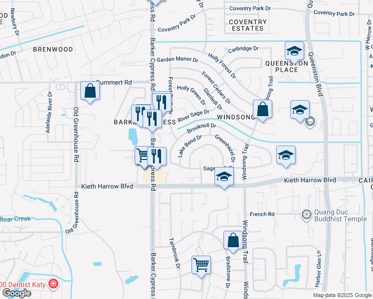 map of restaurants, bars, coffee shops, grocery stores, and more near 18203 Lake Bend Drive in Houston