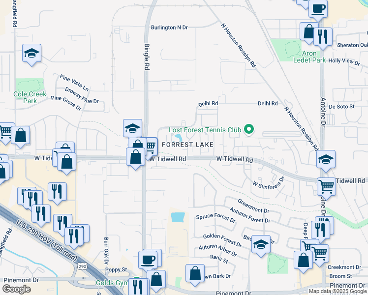 map of restaurants, bars, coffee shops, grocery stores, and more near 122 Lumberdale Road in Houston