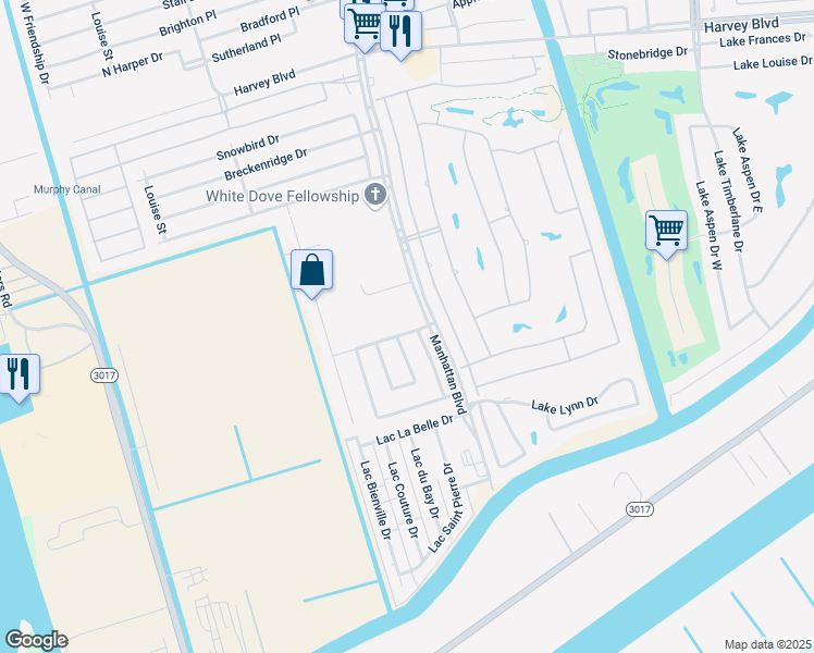 map of restaurants, bars, coffee shops, grocery stores, and more near 1912 Southern Oaks Drive in Harvey