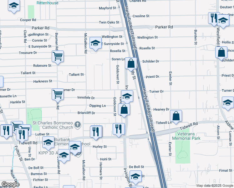 map of restaurants, bars, coffee shops, grocery stores, and more near 9910 Goldcrest Street in Houston